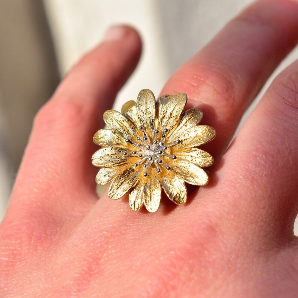 Vintage Milor Italy 925 Gold-Plated Daisy Cocktail Ring